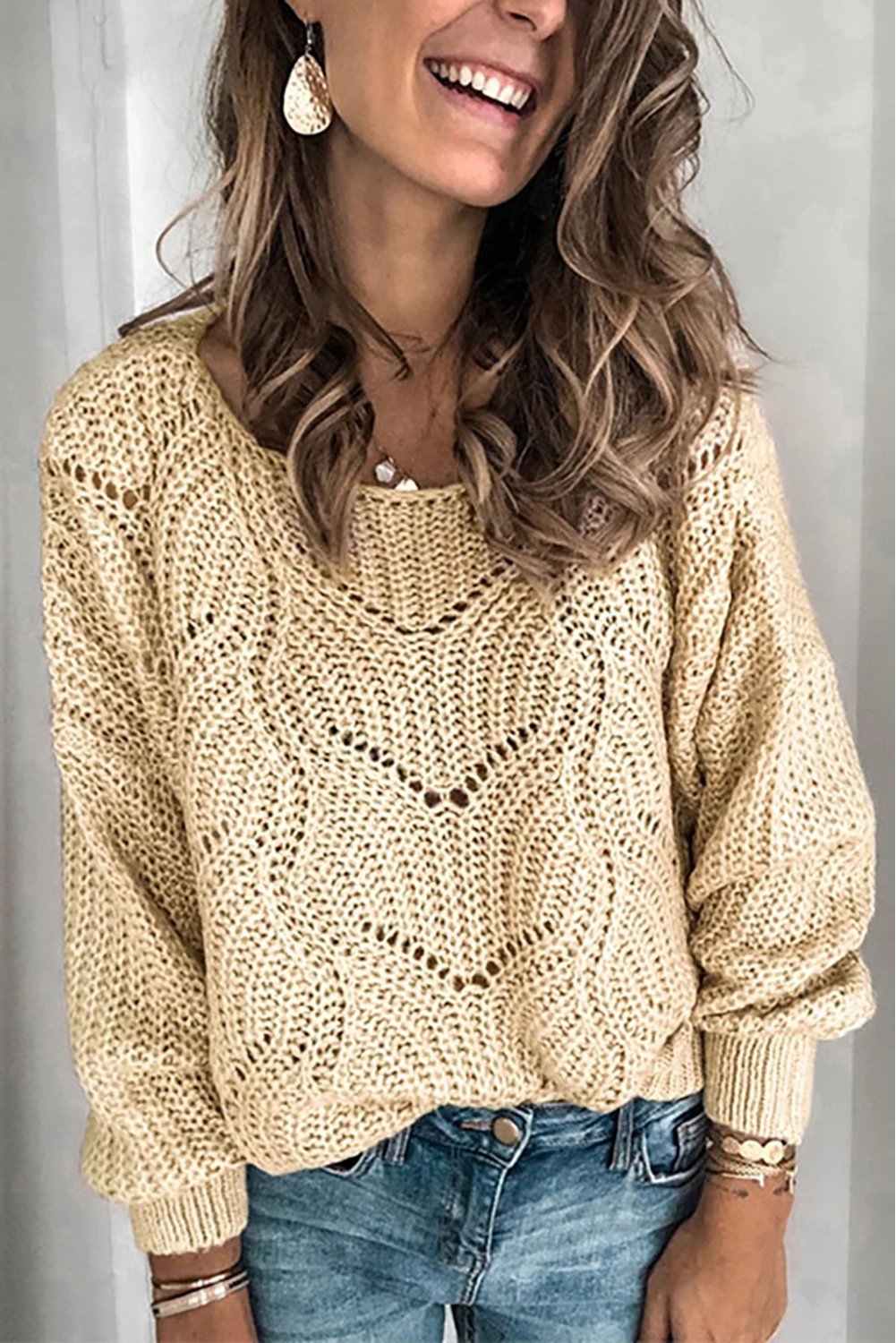 Zari Khaki Hollow-out Round Neck Knitted Sweater