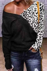 Sura Black V-neck Leopard Splicing Knitted Sweater