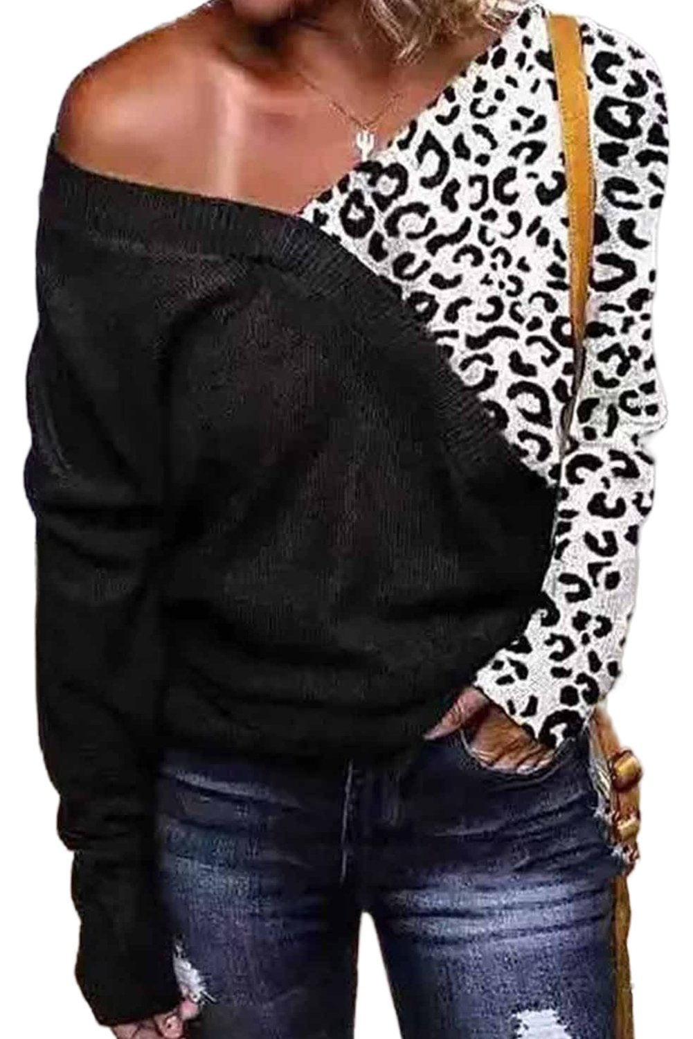 Sura Black V-neck Leopard Splicing Knitted Sweater