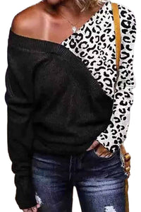 Sura Black V-neck Leopard Splicing Knitted Sweater