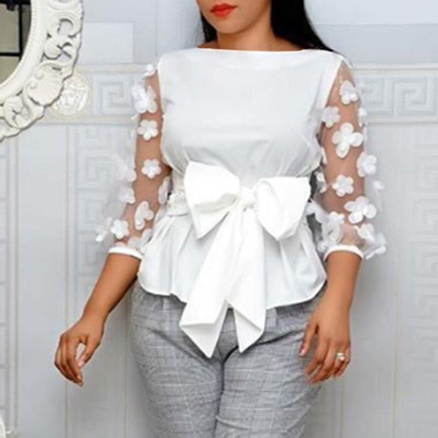 Leah Sheer Blouse Elegant Floral Bohemian Bow Tie Office Shirt