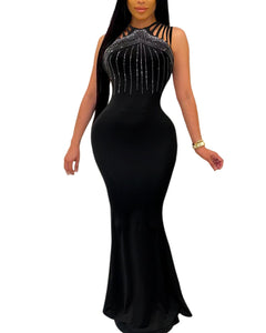 Nina Elegant Sparkle Rhinestone Black Bodycon Maxi Dress