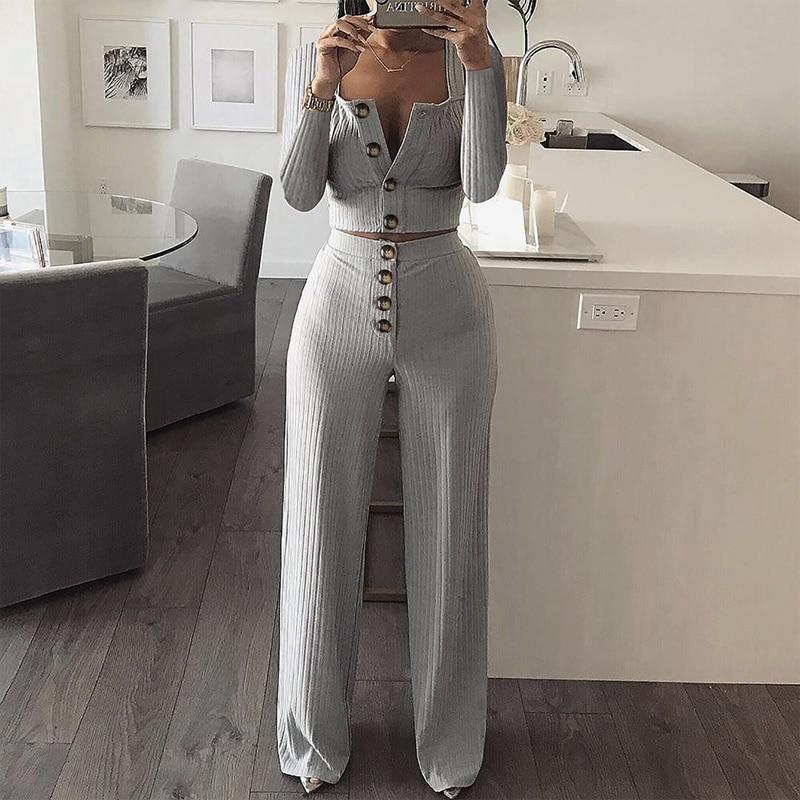 Monifa Two Piece Long Sleeve Crop Top and Pant Set