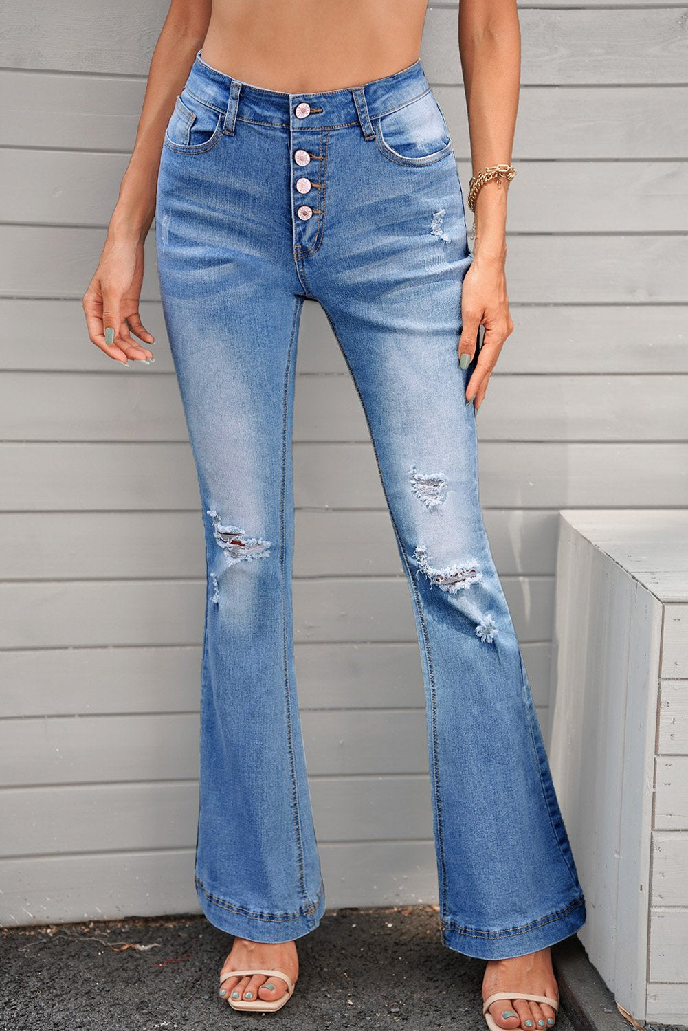 Louise Light Blue Mid Rise Button Front Flare Jeans