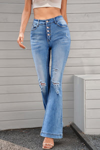 Louise Light Blue Mid Rise Button Front Flare Jeans