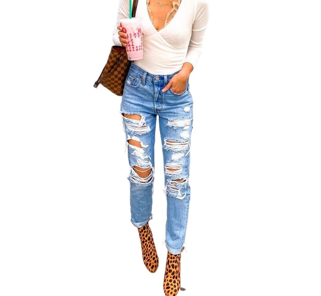 Ami High Waisted Skinny Ripped Hole Denim Pants 