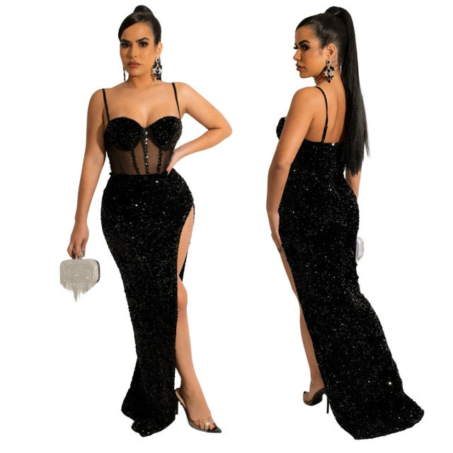 Gayle Sequin Sheer Mesh Strapless Backless Maxi Dress