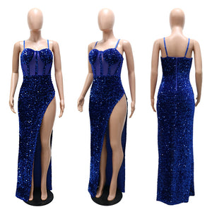 Gayle Sequin Sheer Mesh Strapless Backless Maxi Dress