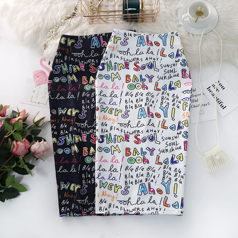 Zahara Pencil, Graphic Letters Printed High Waist