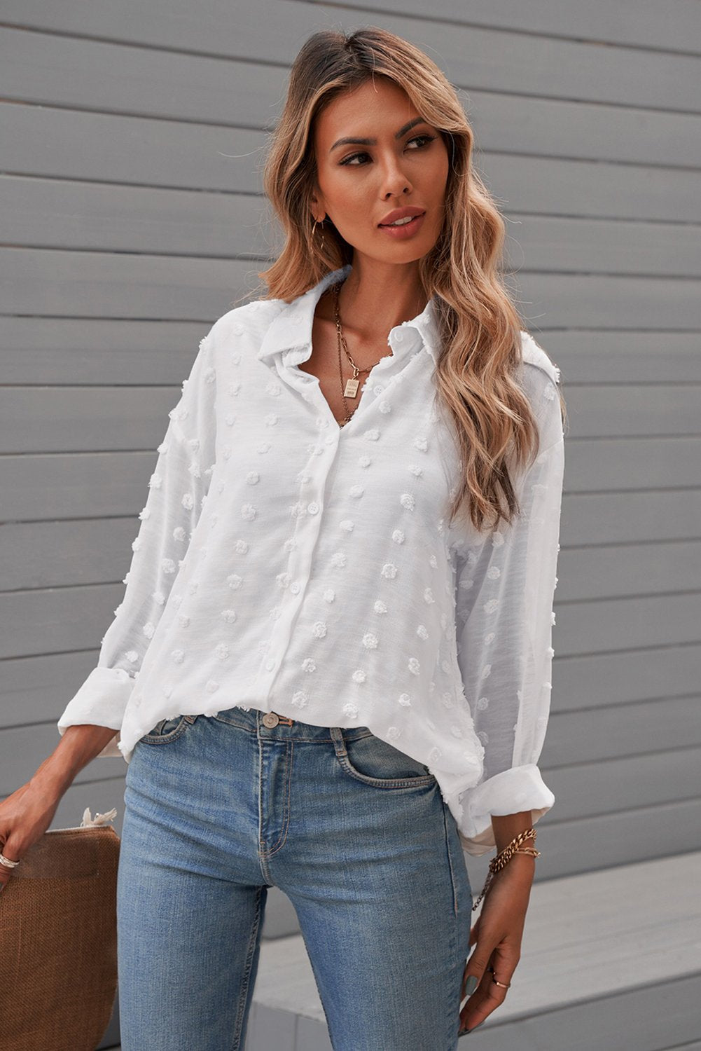 Lily White Long Sleeve Button Polka Dot Shirt