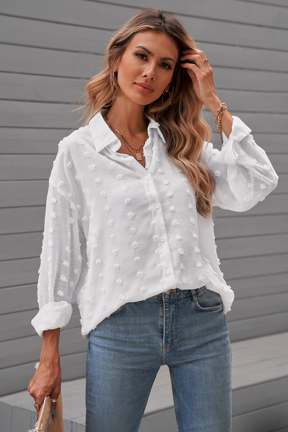 Lily White Long Sleeve Button Polka Dot Shirt